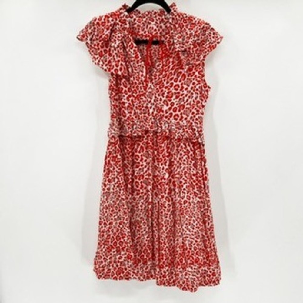 Maje Red White Leopard Print Ruffle Tie Neck Viscose Mini Dress Cap Sleeve